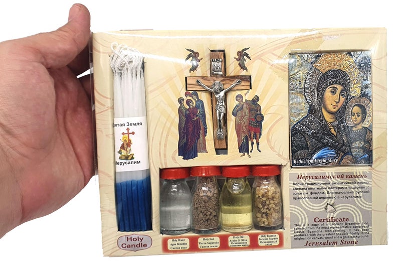 Zuluf Big Set Holy Samples from Holy Land Olive Wood Cross Soil,Olive Oil & Holy Incense | Holy Water from The Jordan River and Includes A Byzantine Wood Icon and 33 Small Handmade Candles HLG003 - Image 2