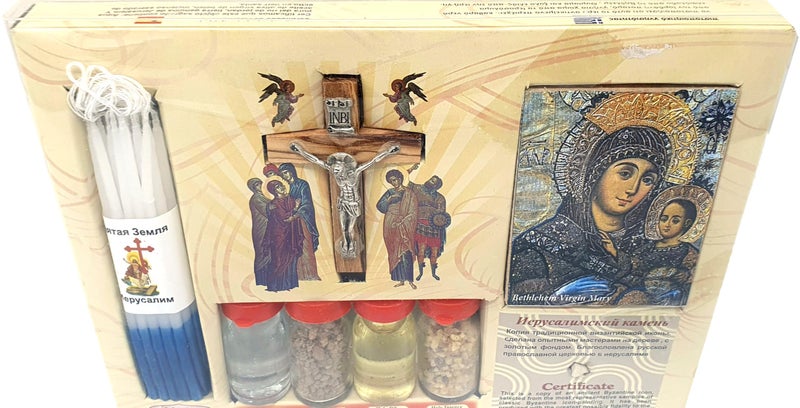Zuluf Big Set Holy Samples from Holy Land Olive Wood Cross Soil,Olive Oil & Holy Incense | Holy Water from The Jordan River and Includes A Byzantine Wood Icon and 33 Small Handmade Candles HLG003 - Image 4