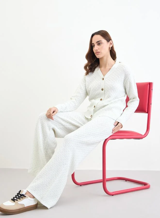 Styli Off White Lurex Knit Cardigan and Pants Co-Ords
