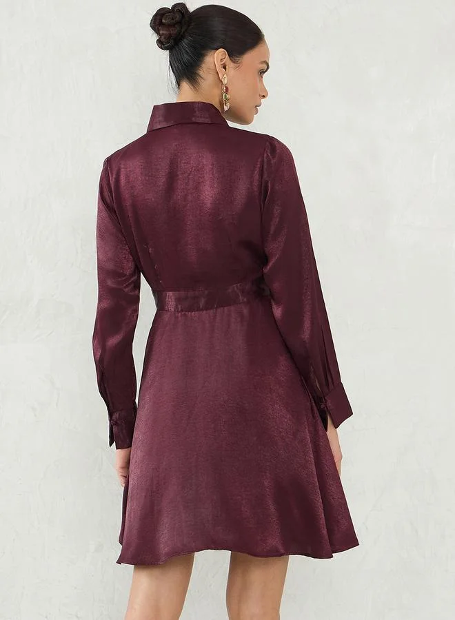 Femmella Wine Satin Wrap Mini Dress