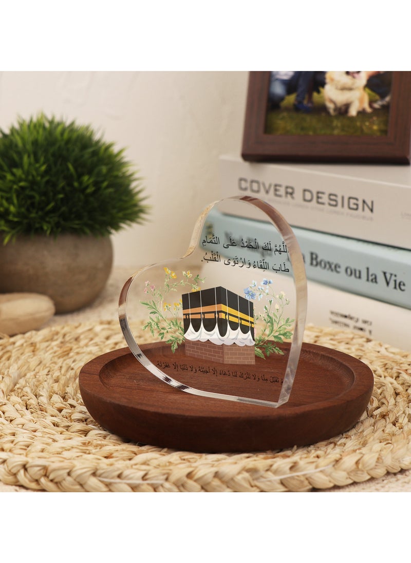 GALADUNE Muslim Holiday Gifts, Acrylic Heart Shape Decorative Plaque, Islamic Souvenirs, Ramadan Gifts, Birthday Gifts, Holiday Decorations, Desktop Decorations, Kaaba Floral Prayer Text Pattern  - Image 1