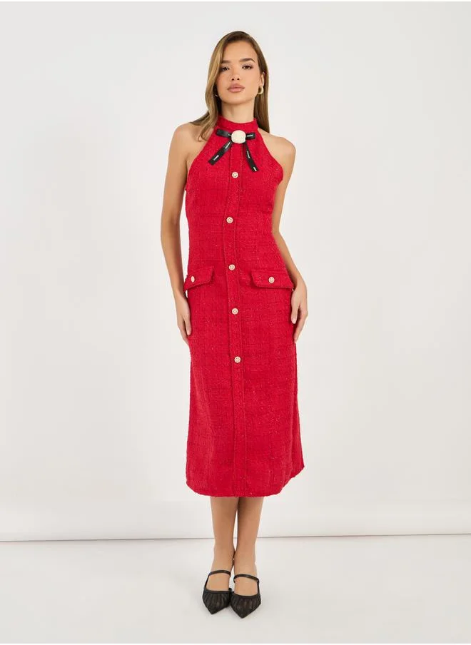 Styli Tweed Halter Neck Sheath Midi Dress with Bow Detail