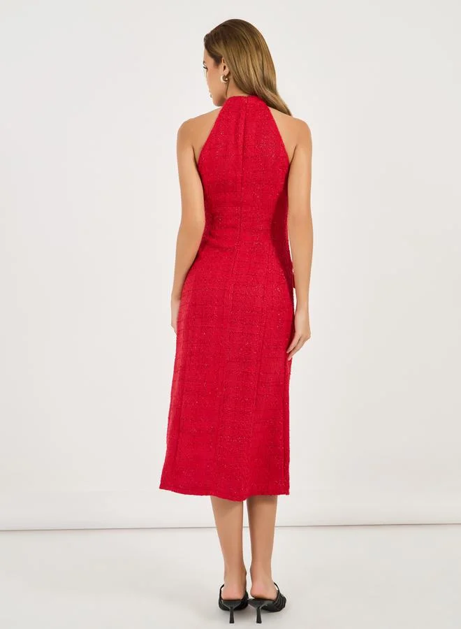 Styli Halter Tweed Midi Dress