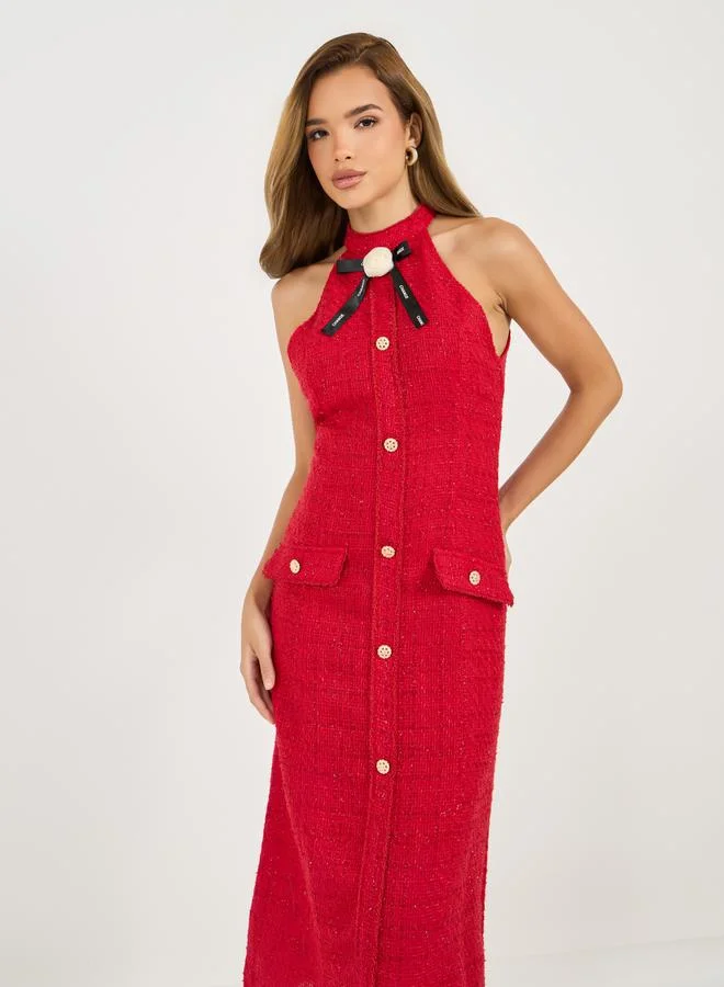 Styli Halter Tweed Midi Dress