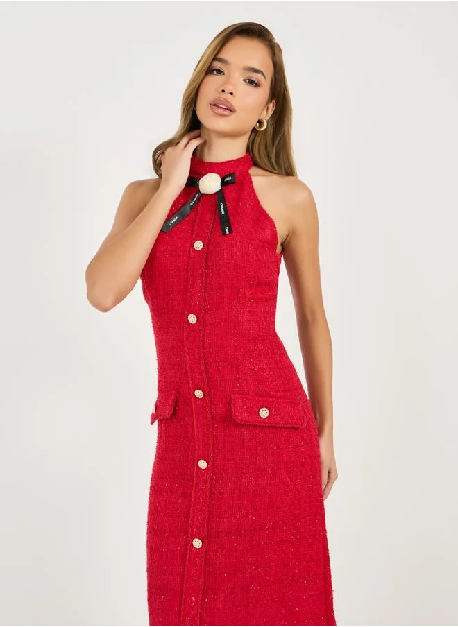 Styli Tweed Halter Neck Sheath Midi Dress with Bow Detail