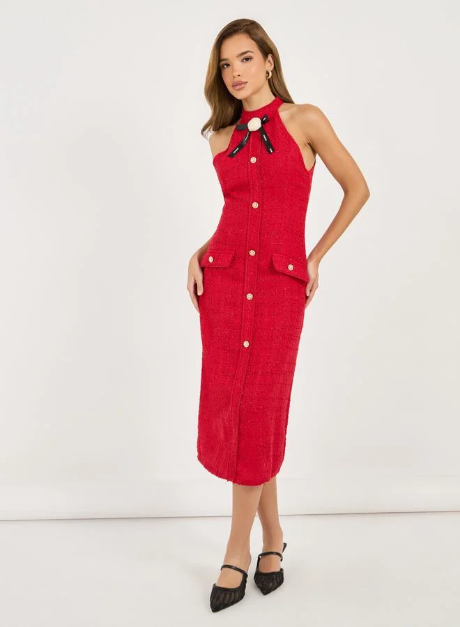 Styli Halter Tweed Midi Dress