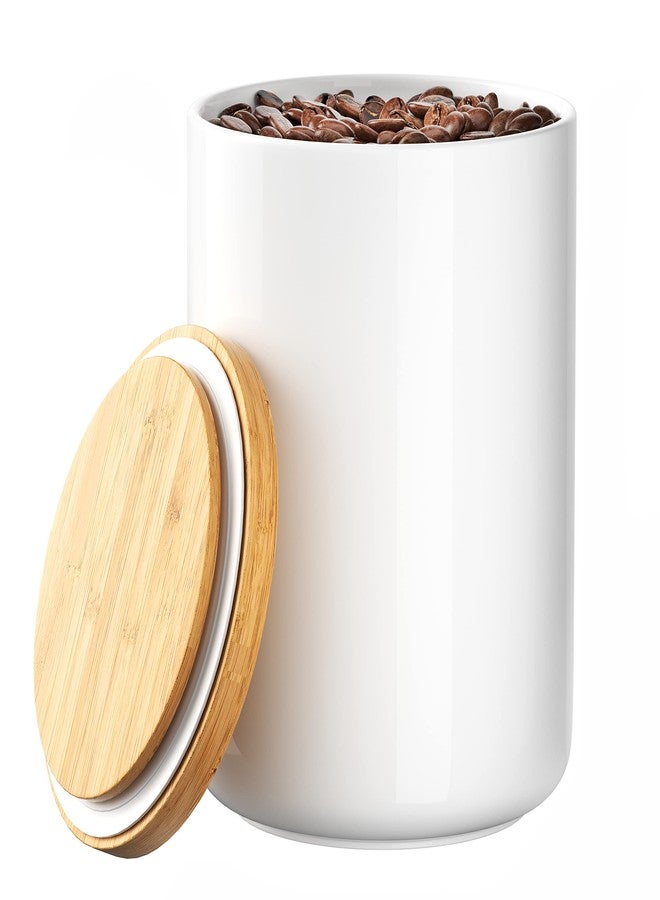 Alyc White Ceramic 1050mL 4 cup Food Storage Jar Canister with Airtight Bamboo Lid and Silicone Seal Container for Counter - Great for Coffee Sugar Treat Snack Treats for Dog Cat Rawhide Milkbone (White) - Image 1