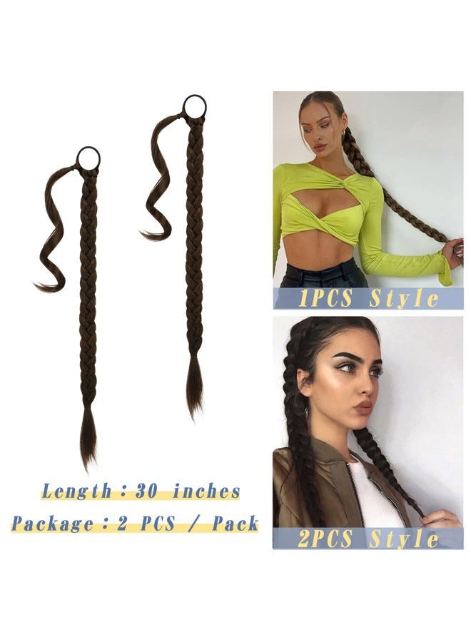 BARSDAR 2PCs 30 Inch Long Braided Ponytail Extension with Hair Tie - Straight Sleek Wrap Around Brown Braided Ponytail Hair Extensions - Synthetic Pony Tails Hairpieces for Women - Brunette Brown - Image 4