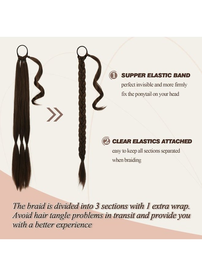 BARSDAR 2PCs 30 Inch Long Braided Ponytail Extension with Hair Tie - Straight Sleek Wrap Around Brown Braided Ponytail Hair Extensions - Synthetic Pony Tails Hairpieces for Women - Brunette Brown - Image 2