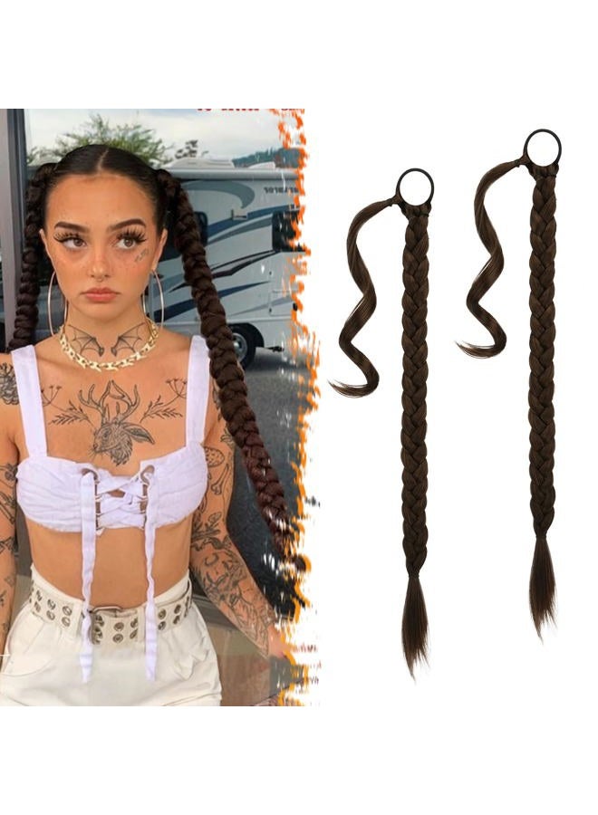 BARSDAR 2PCs 30 Inch Long Braided Ponytail Extension with Hair Tie - Straight Sleek Wrap Around Brown Braided Ponytail Hair Extensions - Synthetic Pony Tails Hairpieces for Women - Brunette Brown - Image 1
