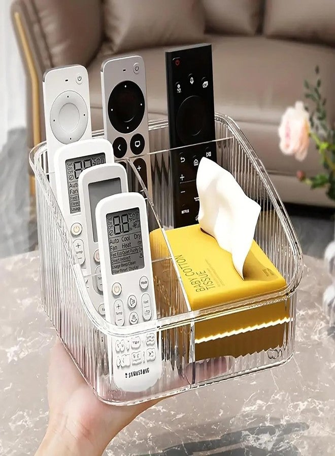 HVB Store HVB Clear Plastic remote stand for home mobile stand desk accessories stationery organiser pen stand Remote Control Organizer TV Remote Holder with 4 Compartments Desktop Storage Box (remote stand) - Image 1