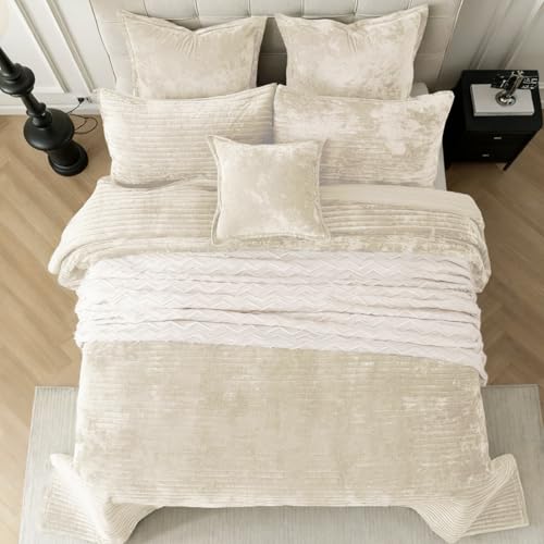 LR Rocaloca Velvet Oversized King Size Quilt Set 120x128 Soft Striped Bed Cover Set All Seasons Cozy Breathable Bedspread Includes 2 Pillowcases 20×36,Beige - Image 4