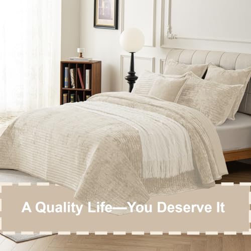 LR Rocaloca Velvet Oversized King Size Quilt Set 120x128 Soft Striped Bed Cover Set All Seasons Cozy Breathable Bedspread Includes 2 Pillowcases 20×36,Beige - Image 3