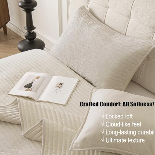 LR Rocaloca Velvet Oversized King Size Quilt Set 120x128 Soft Striped Bed Cover Set All Seasons Cozy Breathable Bedspread Includes 2 Pillowcases 20×36,Beige - Image 2