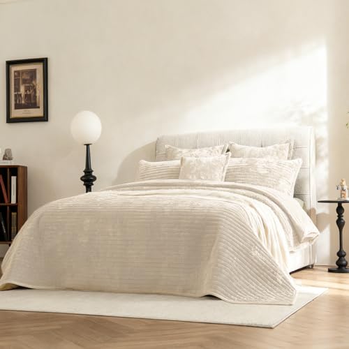 LR Rocaloca Velvet Oversized King Size Quilt Set 120x128 Soft Striped Bed Cover Set All Seasons Cozy Breathable Bedspread Includes 2 Pillowcases 20×36,Beige - Image 1