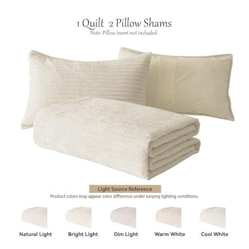 LR Rocaloca Velvet Oversized King Size Quilt Set 120x128 Soft Striped Bed Cover Set All Seasons Cozy Breathable Bedspread Includes 2 Pillowcases 20×36,Beige - Image 5