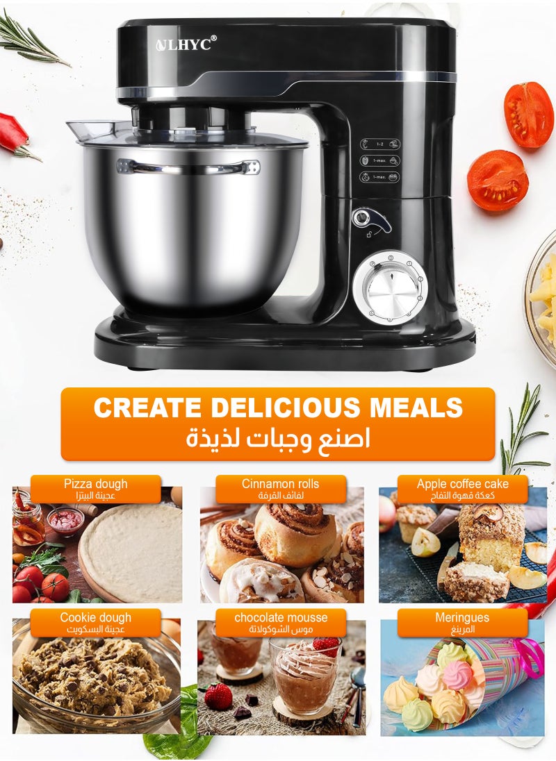 يو إل اتش واي سي خلاط قائم سعة 8 لتر، 6 سرعات قابلة للتعديل 1800 وات، خلاط كهربائي للطعام والكعك مع وعاء من الفولاذ المقاوم للصدأ، خفاقة، خطاف عجين، مضرب وواقي من الرذاذ، أسود، مناسب للطهي في المنزل والمطبخ التجاري  - Image 4