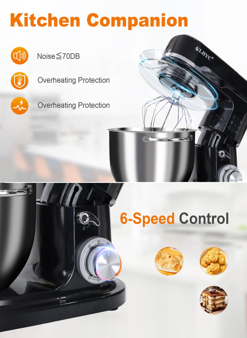 ULHYC Stand Mixer 8L, 6 Speed ​​Adjustment 1800W, Tilt Head Kitchen Electric Food Cake Mixer with Stainless Steel Bowl, Whisk, Dough Hook, Beater and Splash Guard, Black, Suitable for Home and Commercial Restaurant Kitchen Cooking - Image 2