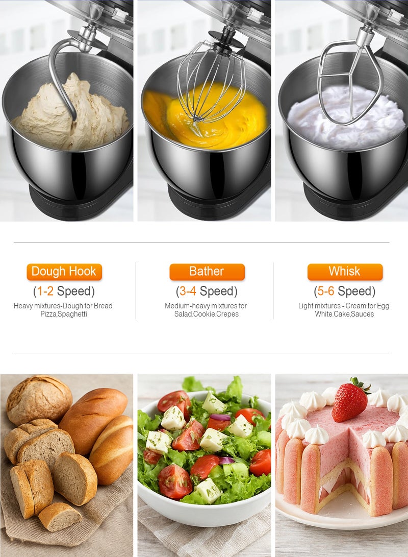 ULHYC Stand Mixer 8L, 6 Speed ​​Adjustment 1800W, Tilt Head Kitchen Electric Food Cake Mixer with Stainless Steel Bowl, Whisk, Dough Hook, Beater and Splash Guard, Black, Suitable for Home and Commercial Restaurant Kitchen Cooking - Image 3