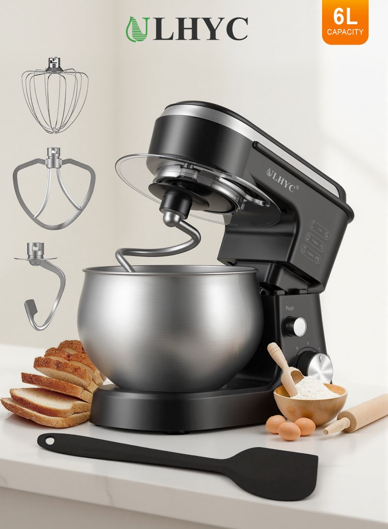 ULHYC 6-liter upright mixer with 6 speed settings, 1800 watts, tilting head, electric kitchen food and cake mixer, comes with a stainless steel mixing bowl, whisk, dough hook, mixing paddle and splash guard, black, suitable for home and commercial restaurant kitchen cooking. - Image 1