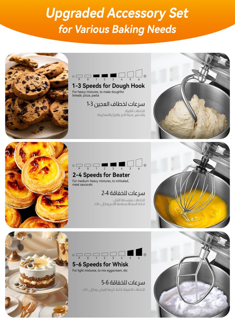 ULHYC 6-liter upright mixer with 6 speed settings, 1800 watts, tilting head, electric kitchen food and cake mixer, comes with a stainless steel mixing bowl, whisk, dough hook, mixing paddle and splash guard, black, suitable for home and commercial restaurant kitchen cooking. - Image 2