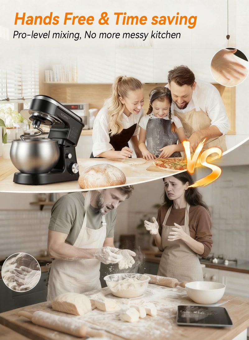 ULHYC 6-liter upright mixer with 6 speed settings, 1800 watts, tilting head, electric kitchen food and cake mixer, comes with a stainless steel mixing bowl, whisk, dough hook, mixing paddle and splash guard, black, suitable for home and commercial restaurant kitchen cooking. - Image 3