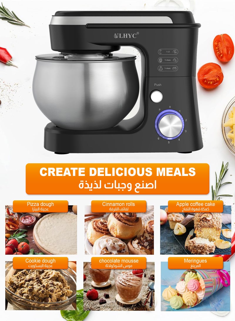 ULHYC 6-liter upright mixer with 6 speed settings, 1800 watts, tilting head, electric kitchen food and cake mixer, comes with a stainless steel mixing bowl, whisk, dough hook, mixing paddle and splash guard, black, suitable for home and commercial restaurant kitchen cooking. - Image 5
