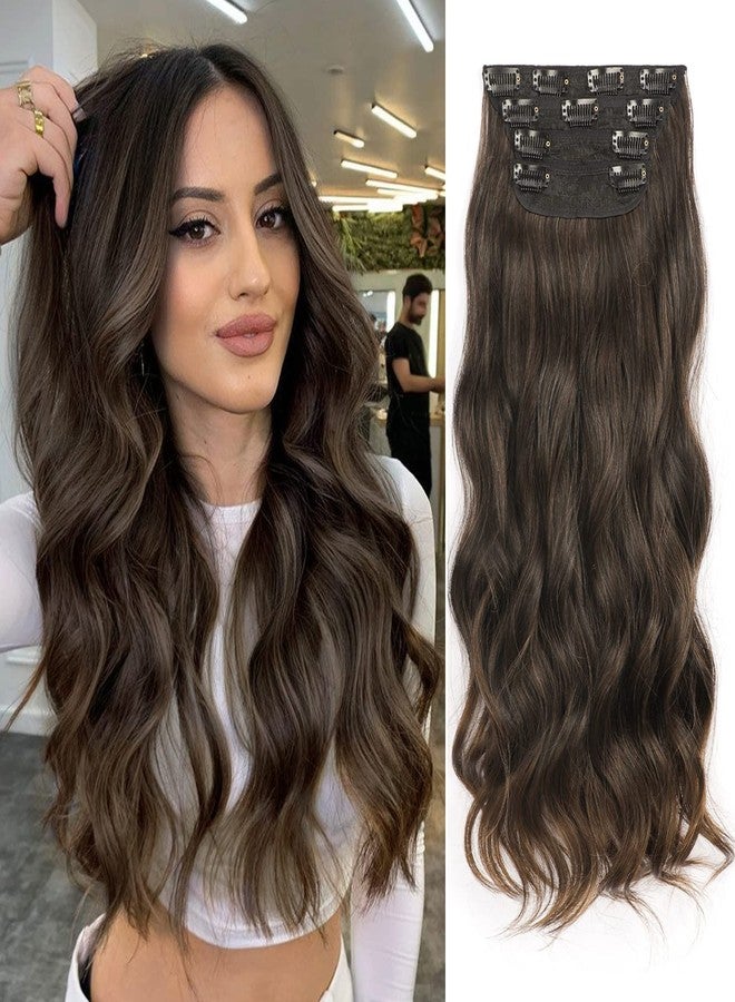 Nnzes Clip in Long Wavy Hair Extension 4PCS Thick Hairpieces Double Weft 20 Inch Synthetic Hair Extension for Women (20 Inch, Darkest Brown Mixed Medium Brown) - Image 1