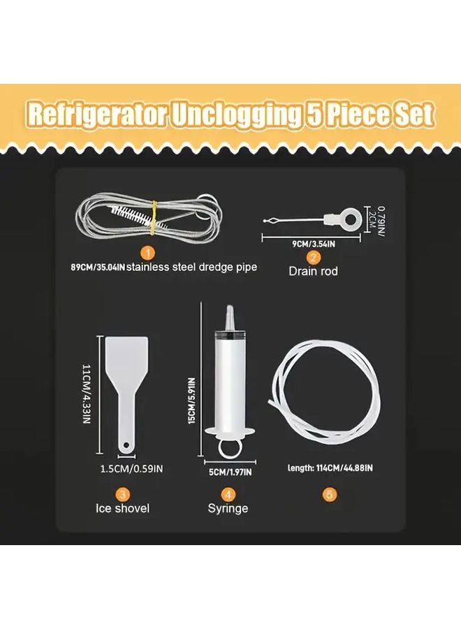 5 Piece Set Refrigerator Cleaning Kit Drain Unblocker Hose Brush Ice Scraper - Image 5