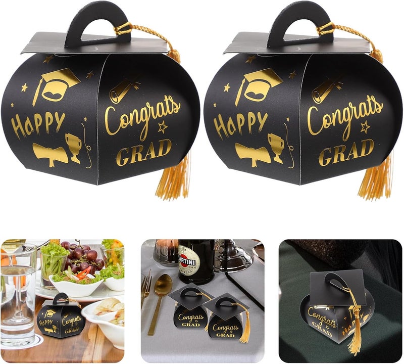 IDEANATEGRATE Graduation Hat Candy Boxes 50pcs Paper Party Candy Holder with Tassel Gold Foil Printing Multi-function Treat Container for Graduation Celebration Packaging - Image 4
