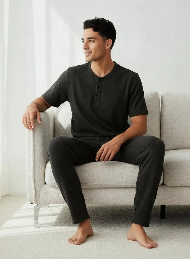 Splash FAV Men Cotton Waffle Textured Henley Neck Nightwear Set