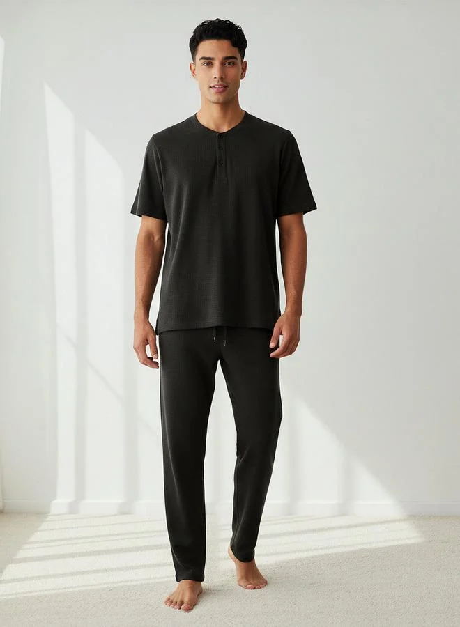 Splash FAV Men Cotton Waffle Textured Henley Neck Nightwear Set