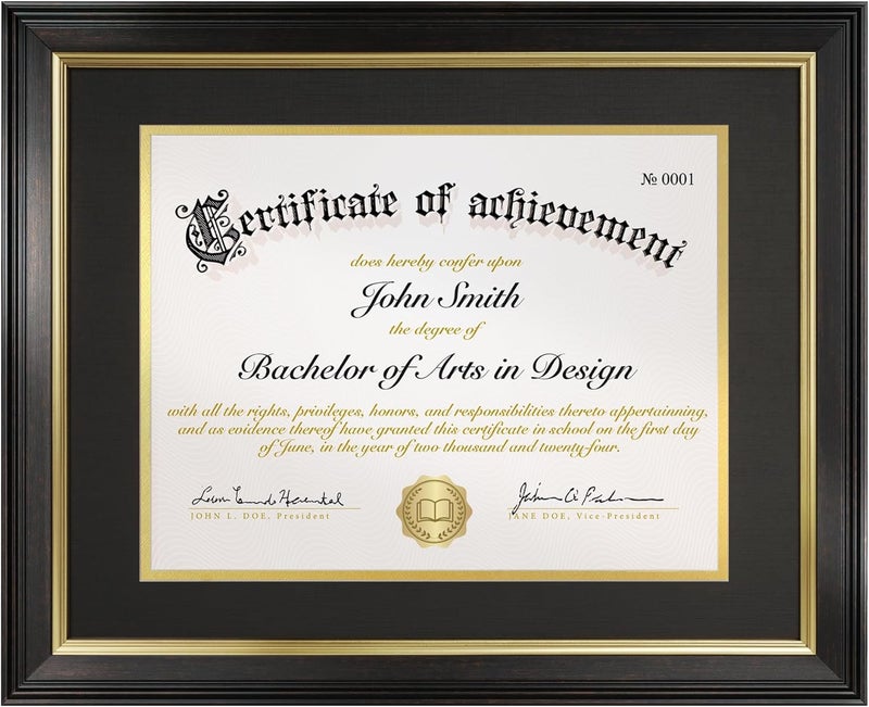 FrameMind 8.5x11 Diploma Frame with Black over Gold Acid-free Mat or Display 11x14 Document without Mat, Certificate Frame with Tempered Glass, Tabletop or Wall Mount (1 Pack, Brown/Black) - Image 1