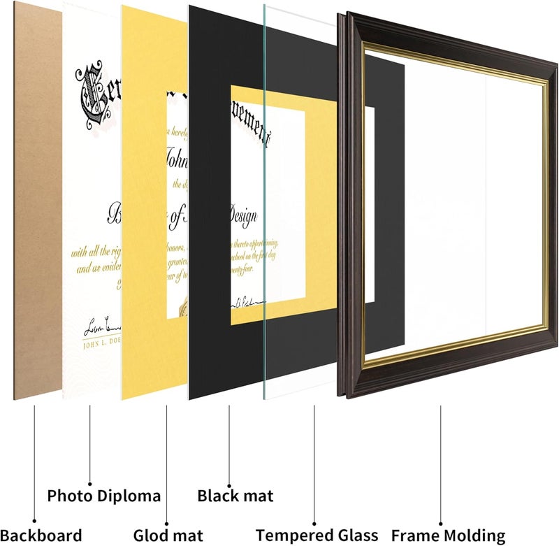 FrameMind 8.5x11 Diploma Frame with Black over Gold Acid-free Mat or Display 11x14 Document without Mat, Certificate Frame with Tempered Glass, Tabletop or Wall Mount (1 Pack, Brown/Black) - Image 3