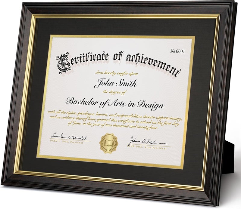 FrameMind 8.5x11 Diploma Frame with Black over Gold Acid-free Mat or Display 11x14 Document without Mat, Certificate Frame with Tempered Glass, Tabletop or Wall Mount (1 Pack, Brown/Black) - Image 2
