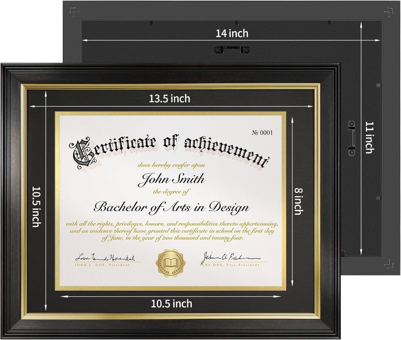 FrameMind 8.5x11 Diploma Frame with Black over Gold Acid-free Mat or Display 11x14 Document without Mat, Certificate Frame with Tempered Glass, Tabletop or Wall Mount (1 Pack, Brown/Black) - Image 5