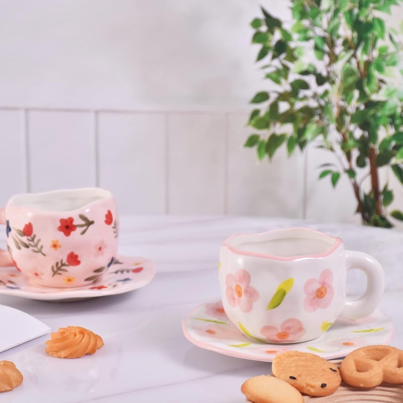 Koythin Ceramic Coffee Mug, Cute Pink Cup for Women with Saucer for Office and Home, Dishwasher and Microwave Safe, 10 oz/300 ml for Latte Tea Milk (Floral) - Image 5
