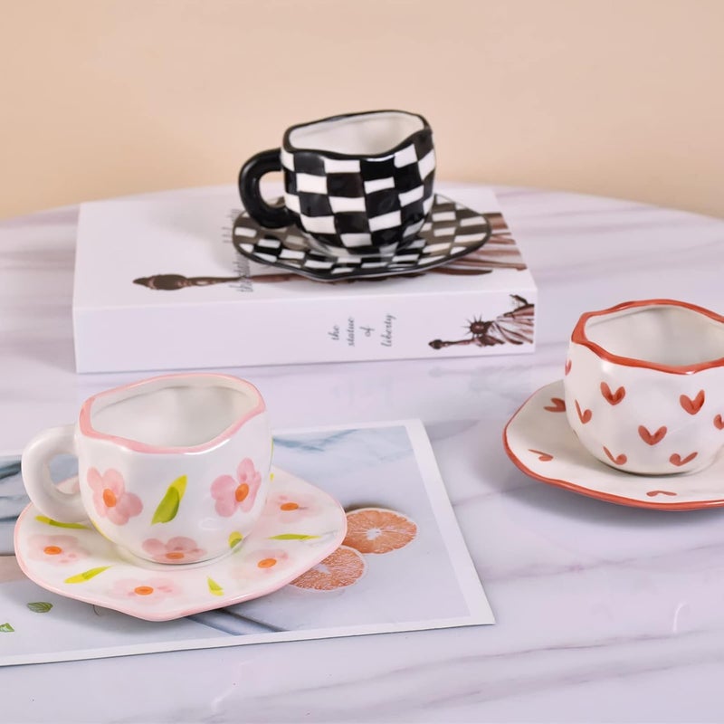 Koythin Ceramic Coffee Mug, Cute Pink Cup for Women with Saucer for Office and Home, Dishwasher and Microwave Safe, 10 oz/300 ml for Latte Tea Milk (Floral) - Image 4