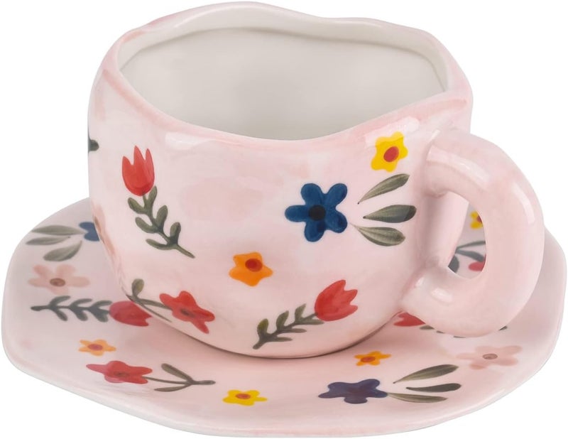Koythin Ceramic Coffee Mug, Cute Pink Cup for Women with Saucer for Office and Home, Dishwasher and Microwave Safe, 10 oz/300 ml for Latte Tea Milk (Floral) - Image 1