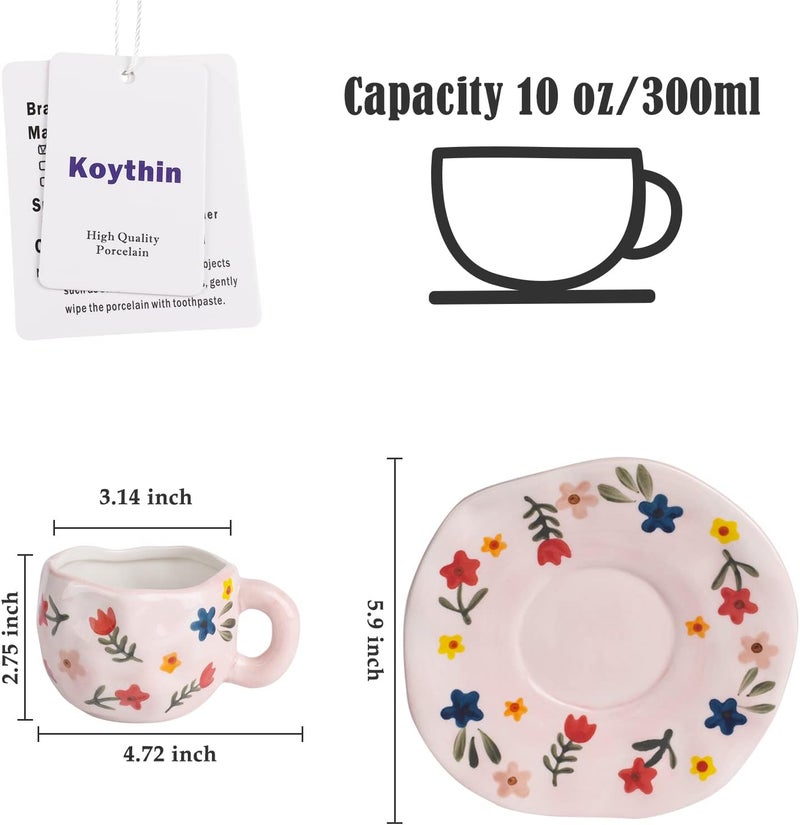 Koythin Ceramic Coffee Mug, Cute Pink Cup for Women with Saucer for Office and Home, Dishwasher and Microwave Safe, 10 oz/300 ml for Latte Tea Milk (Floral) - Image 2