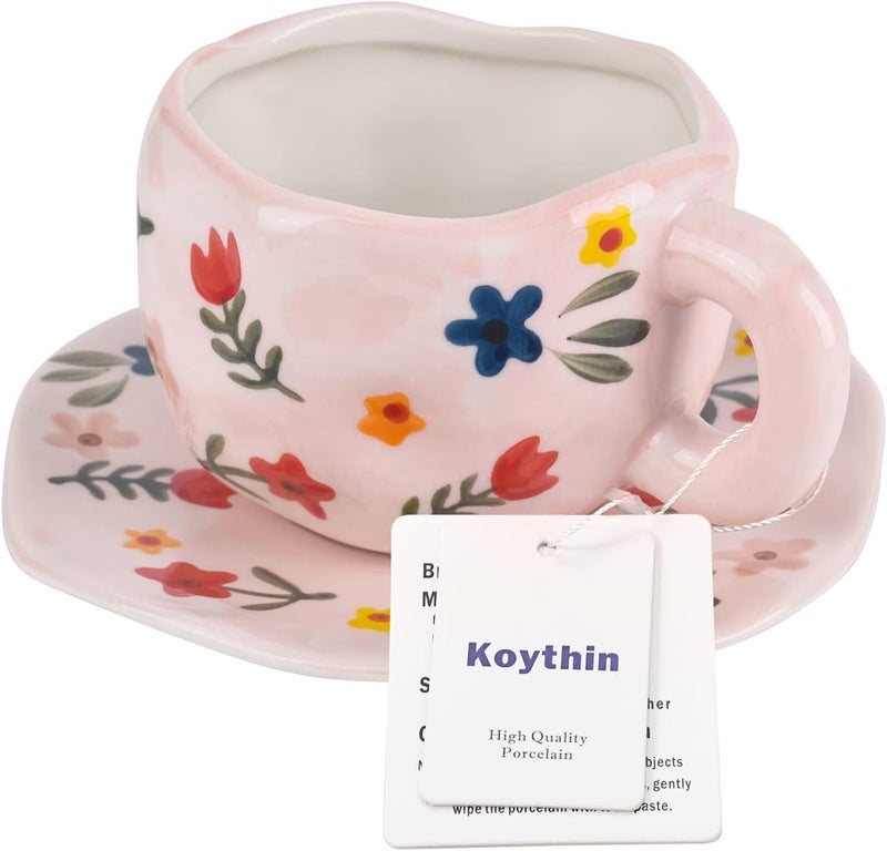 Koythin Ceramic Coffee Mug, Cute Pink Cup for Women with Saucer for Office and Home, Dishwasher and Microwave Safe, 10 oz/300 ml for Latte Tea Milk (Floral) - Image 3