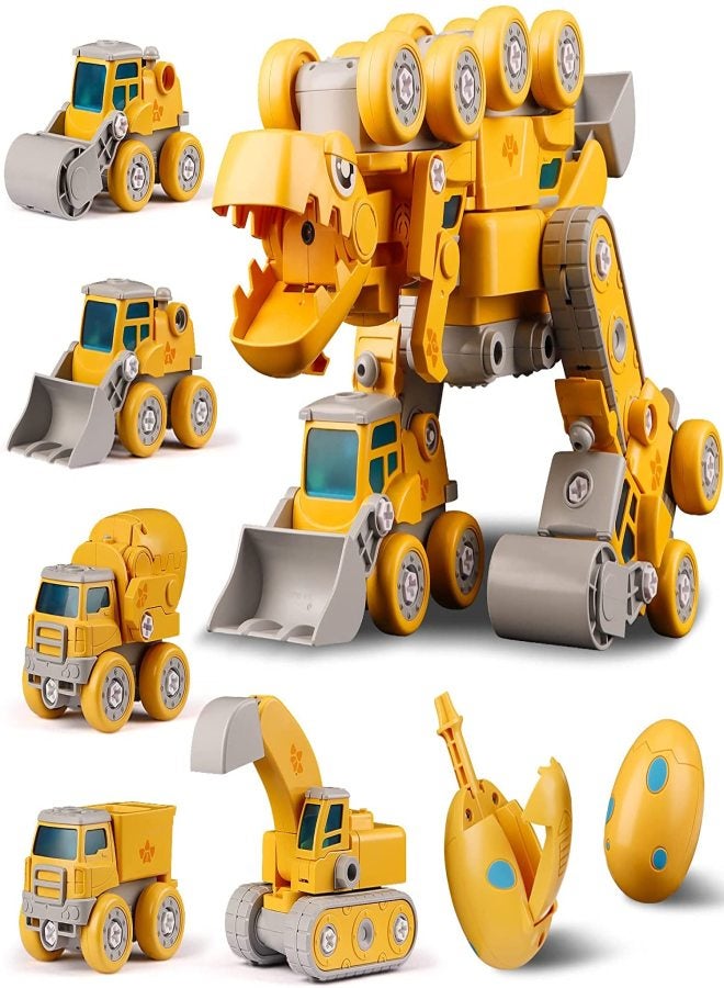 5 in 1 Take Apart Dinosaur Transformer Toys,Dinosaur Robots Toys Truck,DIY Disassembly Farmer Car,Transporter,Scarifier,Mower,Excavator,STEM Building Educational Gift for Kids,Boys,Girls(Yellow) - Image 1