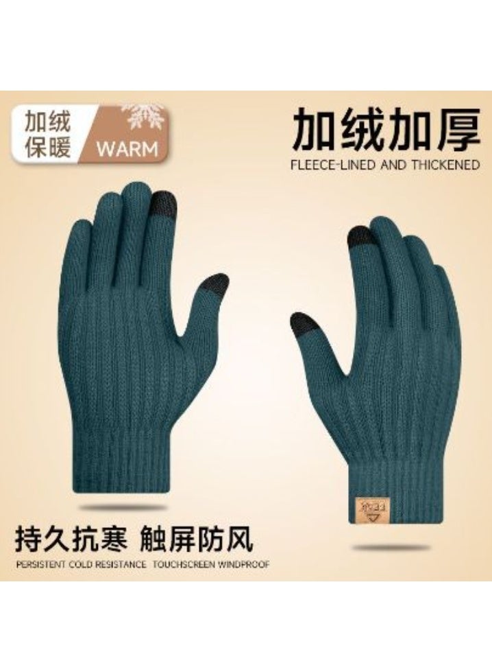 Teal Fleece-Lined Thickened Knit Touchscreen Gloves: Windproof & Long-Lasting Cold Resistance