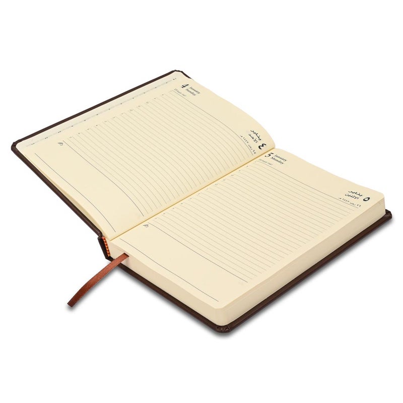 FIS مفكرة FIS 2026 A5، 148x210 مم، غلاف PU إيطالي مبطن من جانب واحد، زوايا مدورة، تنسيق يوم في صفحة، عربي/إنجليزي، ورق إيطالي عاجي 70 جرام، غلاف بني داكن - FSDI19AE26DBR - Image 3