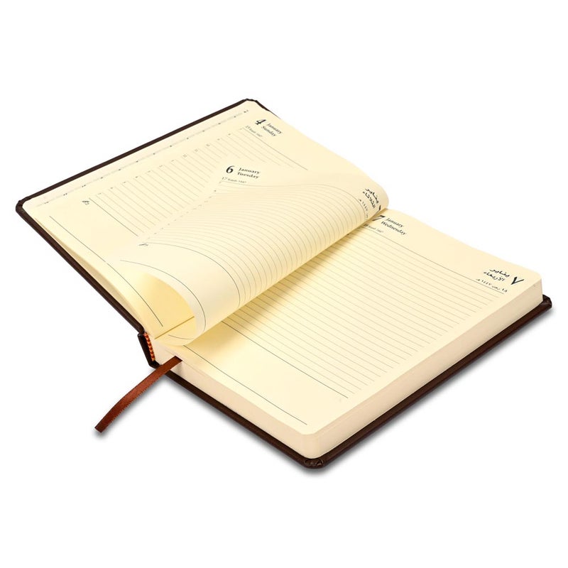 FIS مفكرة FIS 2026 A5، 148x210 مم، غلاف PU إيطالي مبطن من جانب واحد، زوايا مدورة، تنسيق يوم في صفحة، عربي/إنجليزي، ورق إيطالي عاجي 70 جرام، غلاف بني داكن - FSDI19AE26DBR - Image 4