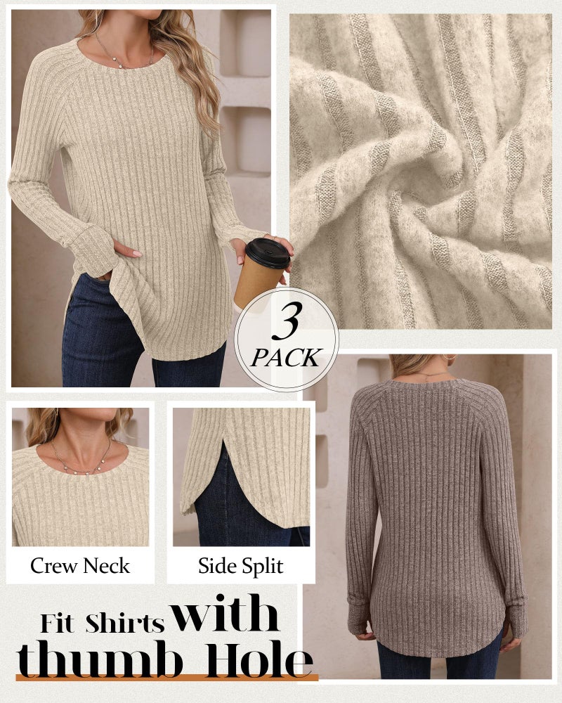 Riyiper 3 Pack Women's Long Sleeve Sweaters with Thumb Hole, Tunic Tops Ribbed Curved Hem Side Split Crew Neck Loose Shirts(Apricot, Coffee, Brown,X-Large) - Image 4