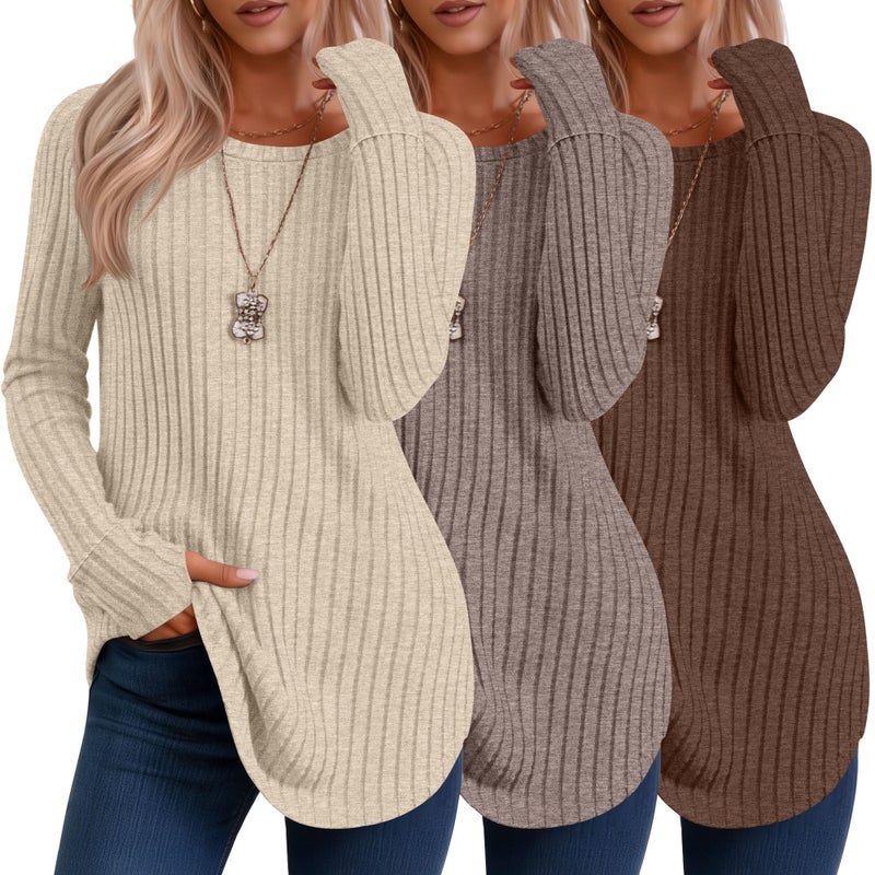 Riyiper 3 Pack Women's Long Sleeve Sweaters with Thumb Hole, Tunic Tops Ribbed Curved Hem Side Split Crew Neck Loose Shirts(Apricot, Coffee, Brown,X-Large) - Image 1