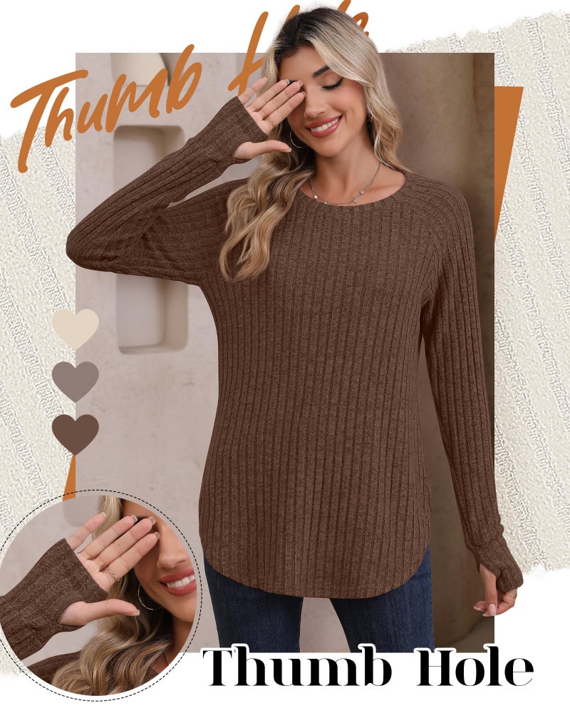 Riyiper 3 Pack Women's Long Sleeve Sweaters with Thumb Hole, Tunic Tops Ribbed Curved Hem Side Split Crew Neck Loose Shirts(Apricot, Coffee, Brown,X-Large) - Image 3