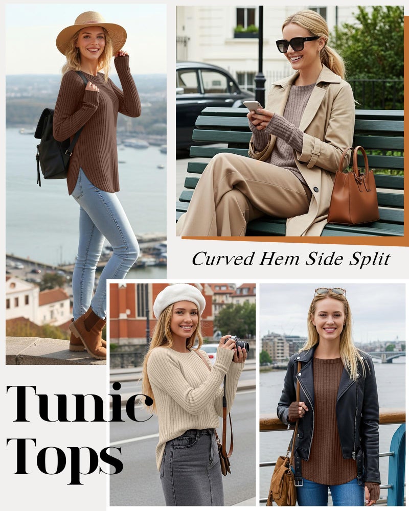 Riyiper 3 Pack Women's Long Sleeve Sweaters with Thumb Hole, Tunic Tops Ribbed Curved Hem Side Split Crew Neck Loose Shirts(Apricot, Coffee, Brown,X-Large) - Image 2