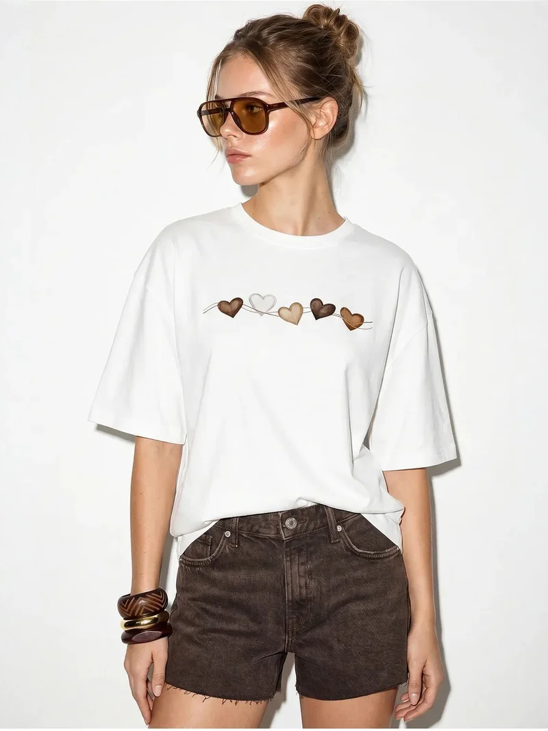 Bianco Lucci LUCCI Oversized Cotton-Lycra Heart Print T-Shirt